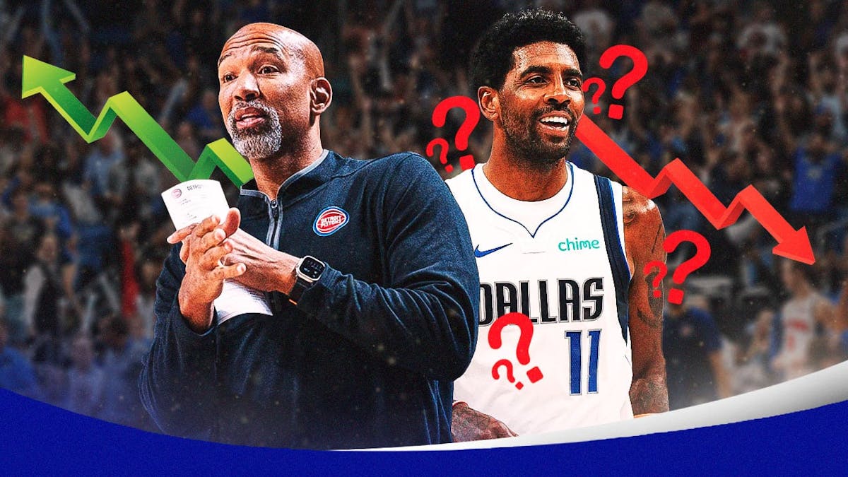 Pistons HC Monty Williams with the stock up logo around him, with Mavs' Kyrie Irving with the stock down and question marks around him