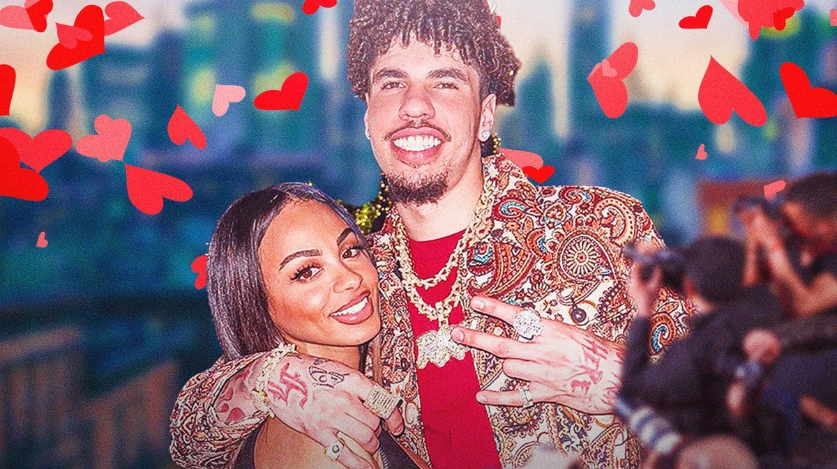 LaMelo Ball and Ana Montana surrounded by hearts.