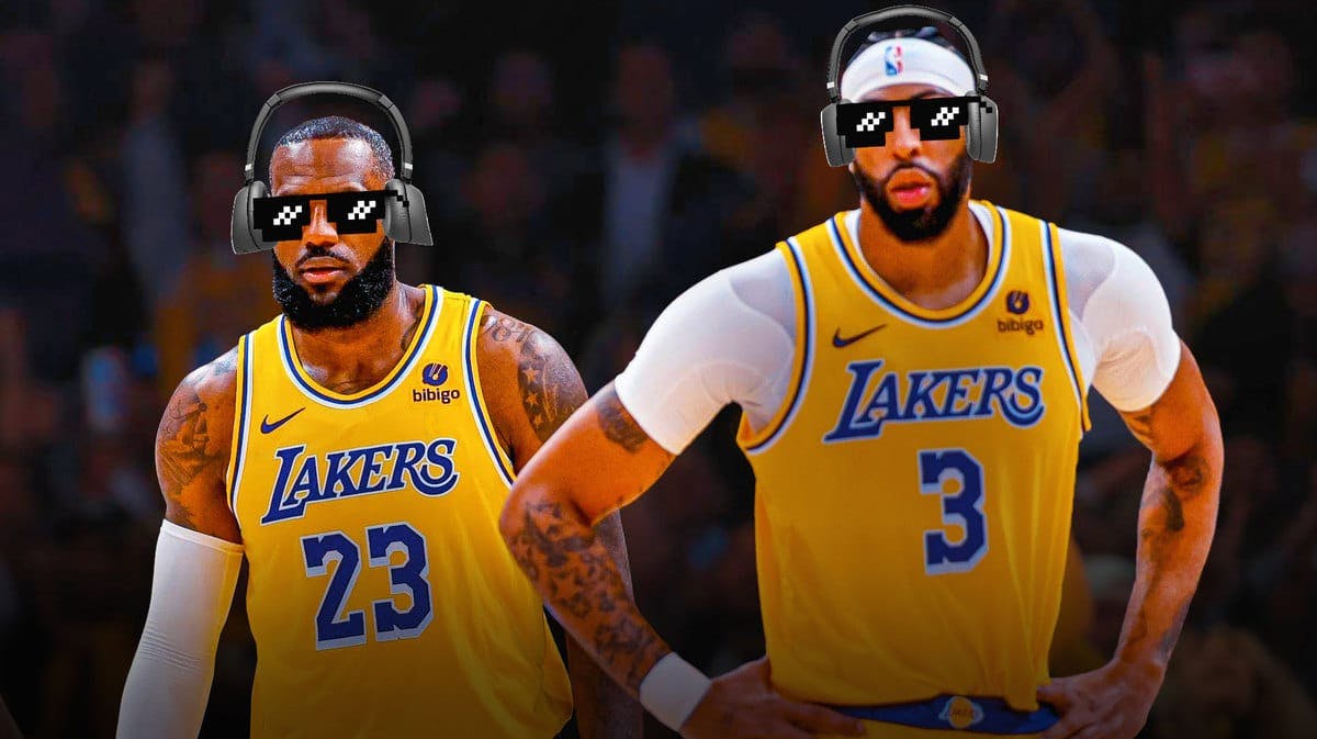 Lakers' Anthony Davis and LeBron James wearing noise-cancelling headphones while wearing the “Thug Life” shades, with angry fans behind them