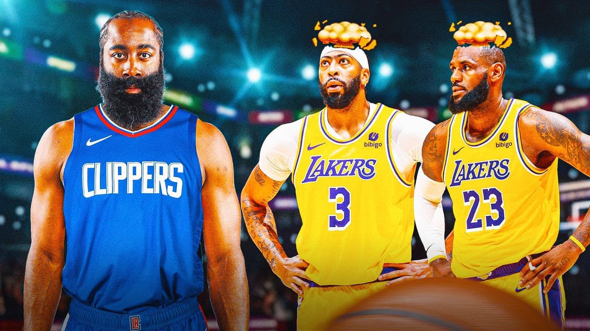 James Harden in Clippers jersey. Lakers' LeBron James and Anthony Davis with mind-blown heads
