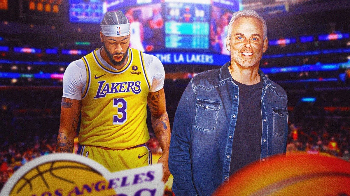 Los Angeles Lakers star Anthony Davis and analyst Colin Cowherd in front of Crypto.com Arena.