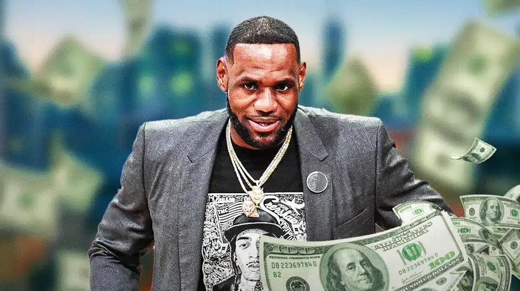 LeBron James surrounded by piles of cash.