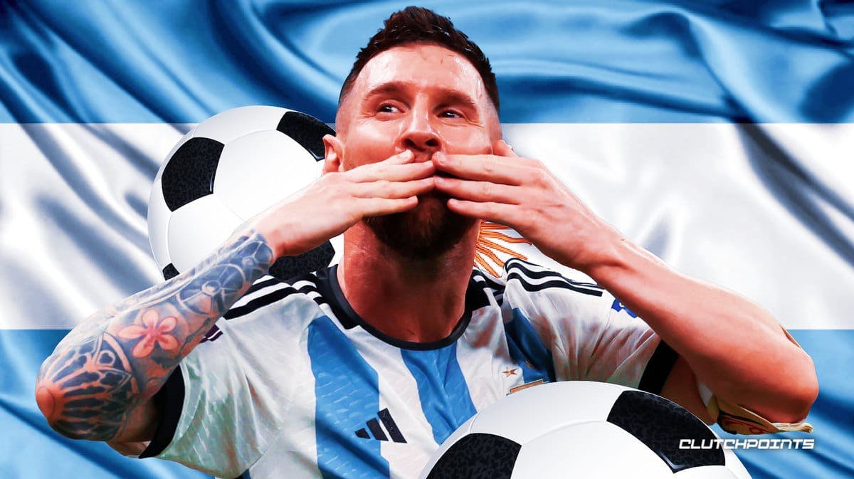 Lionel Messi celebrating in front of the Argentine flag