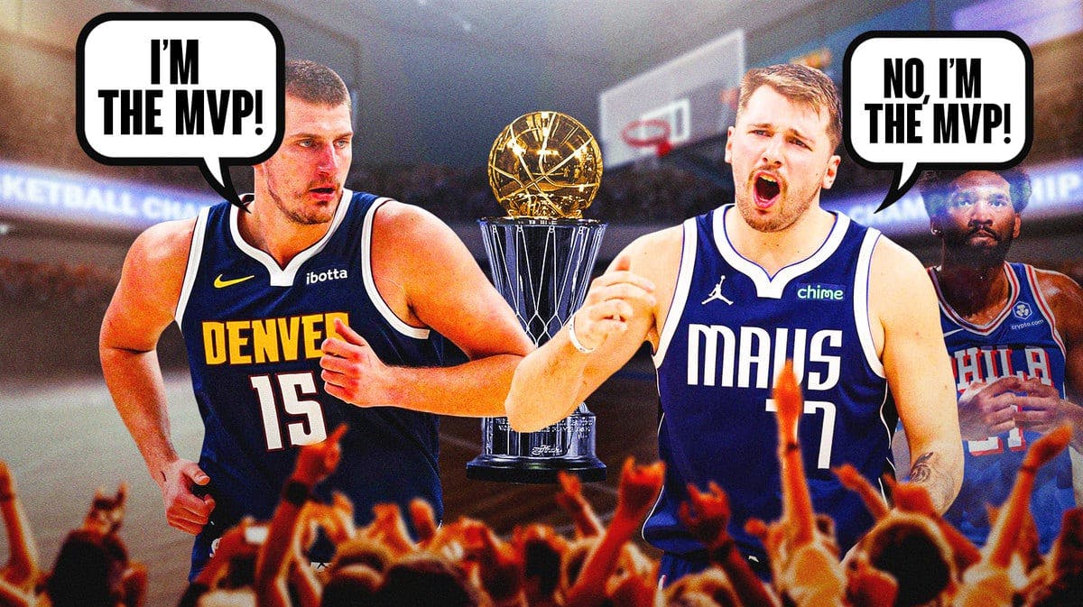 Nikola Jokic saying "I'm the MVP" and Luka Doncic saying "No, I'm the MVP!" Joel Embiid fading in the background in a battle for NBA MVP rankings.