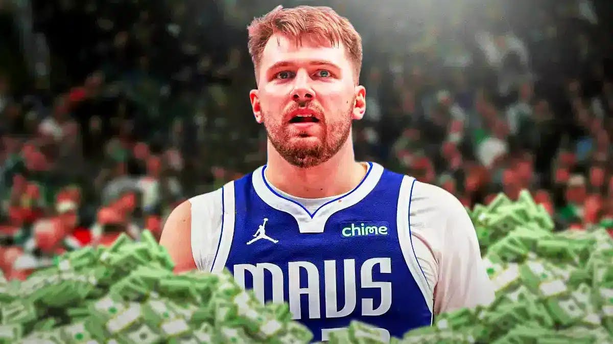 Luka Doncic surrounded by piles of cash.