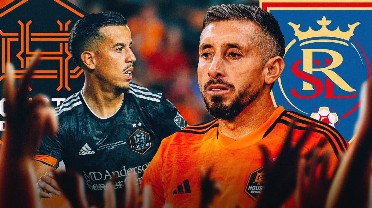 Hector Herrera and Amine Bassi in front of the Houston Dynamo and Real Salt Lake logos