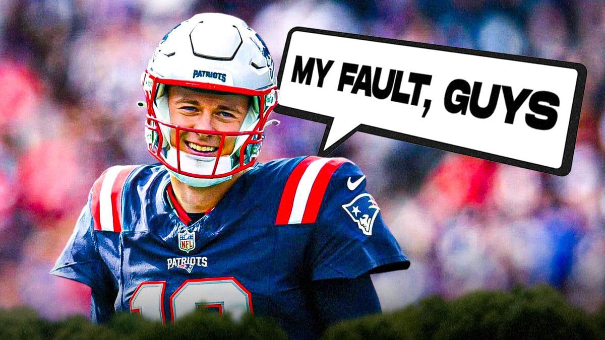 Patriots QB Mac Jones with a quote bubble saying "My fault, guys"