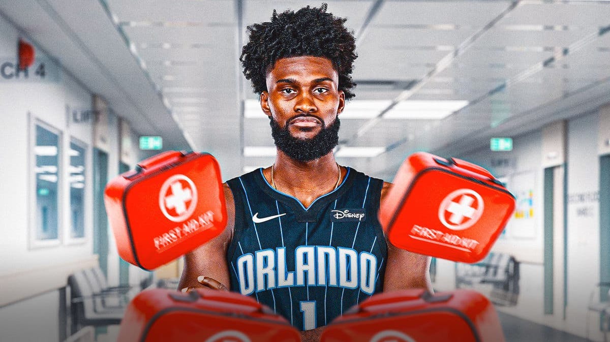 Jonathan Isaac with first-aid kits surrounding him inside a hospital