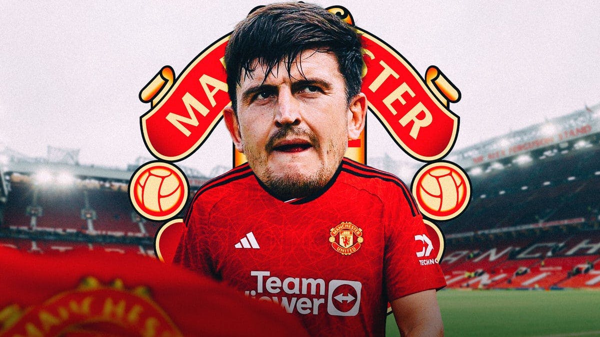 Harry Maguire with a massive head in front of the Manchester United logo