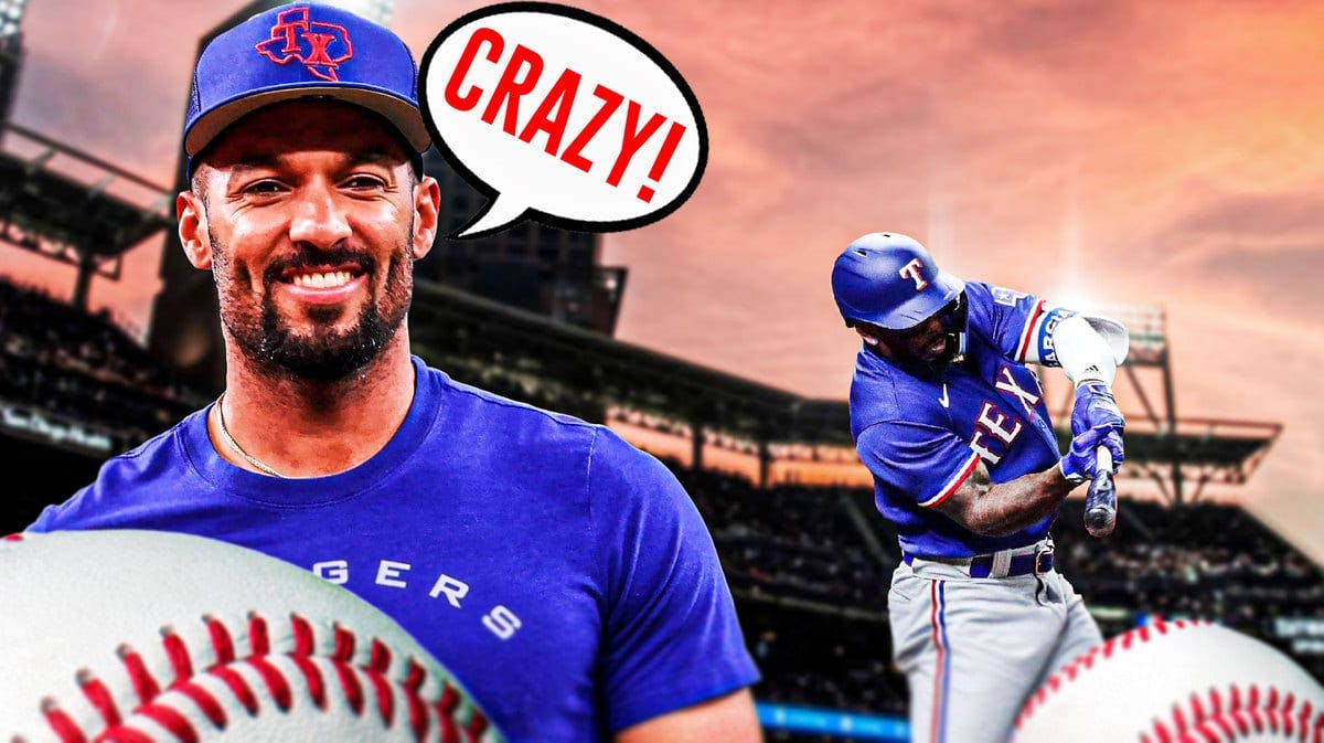 Marcus Semien smiling in Rangers jersey saying “Crazy!”, Adolis Garcia hitting grand slam from Sunday night, Astros fans, Minute Maid Park as background