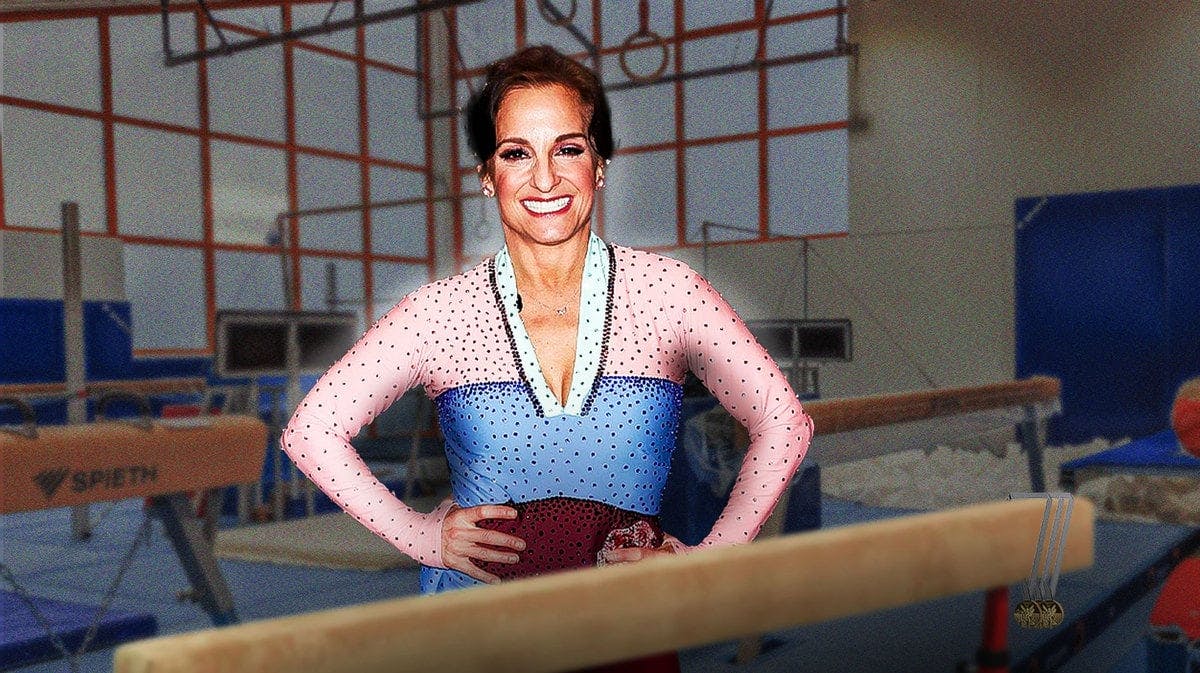 Mary Lou Retton with an Olympic medal imposed over a balance beam/gymnastics gym set-up.