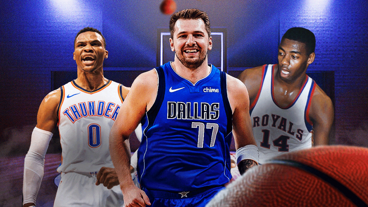Mavs' Luka Doncic smiling in the middle, with 2017 Thunder Russell Westbrook hyped up on the left and 1962 Royals Oscar Robertson on the right