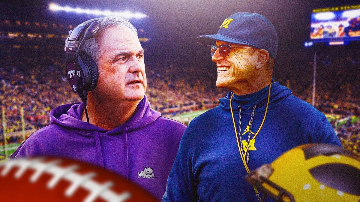 TCU football coach Sonny Dykes and Michigan football coach Jim Harbuagh, who faced off in the 2022 College Football Playoffs.