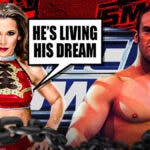 Mickie James with a text bubble reading “He’s living his dream” next to Nick Aldis with the SmackDown logo as the background.