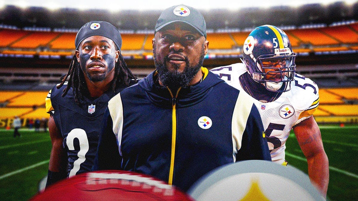 Pittsburgh Steelers coach Mike Tomlin flanked by Joey Porter Jr. and Joey Porter Sr.
