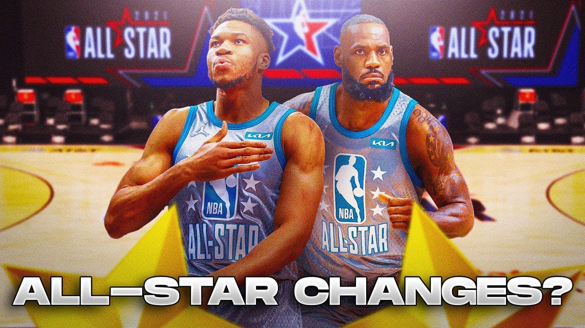 LeBron James and Giannis Antetokounmpo in NBA All-Star game uniforms.