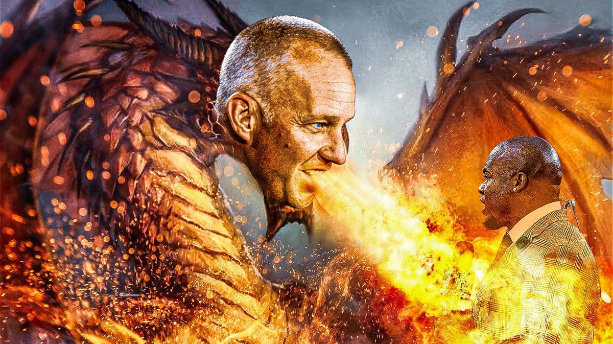 NC State football coach as a dragon breathing fire on Steve Smith Sr.