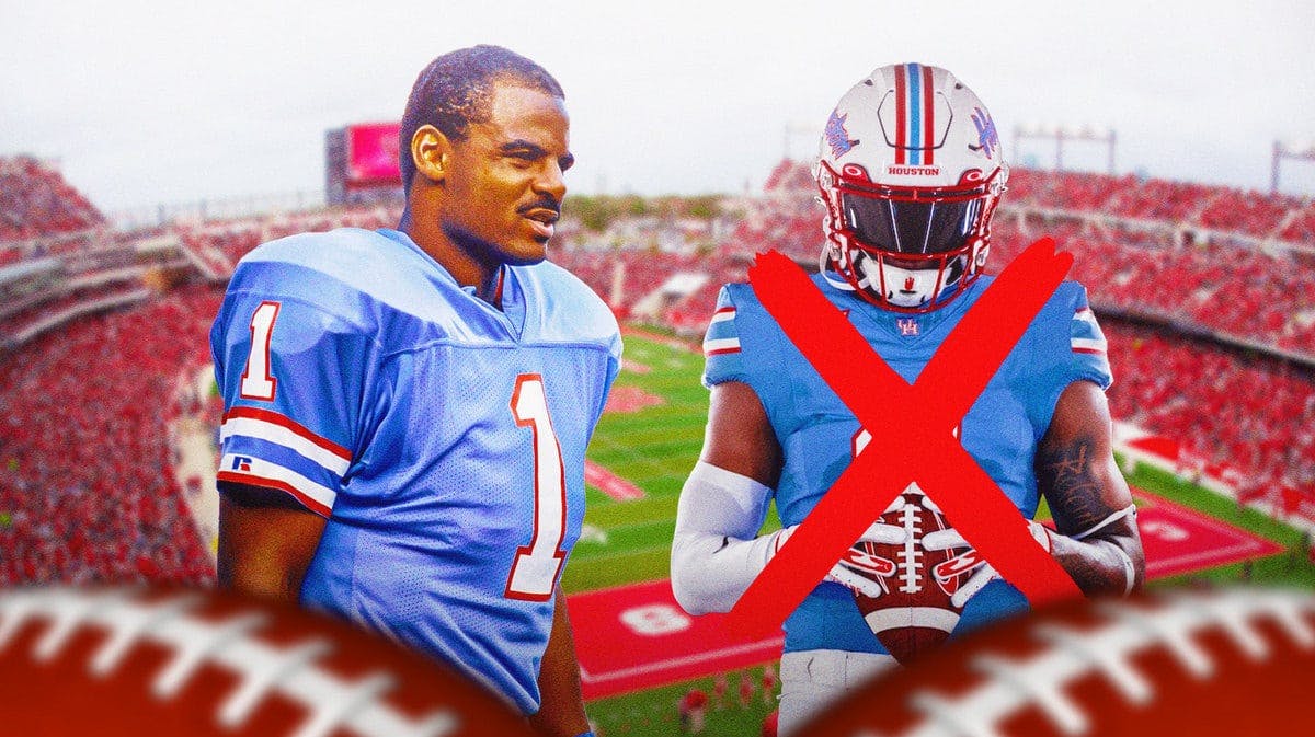 Houston Oilers star Warren Moon, and the University of Houston with their uniforms X'd out
