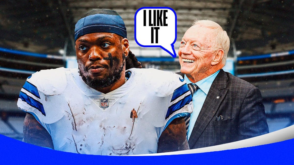 Derrick Henry in a Cowboys jersey Jerry Jones smiling next to him with a caption bubble saying “I like it”