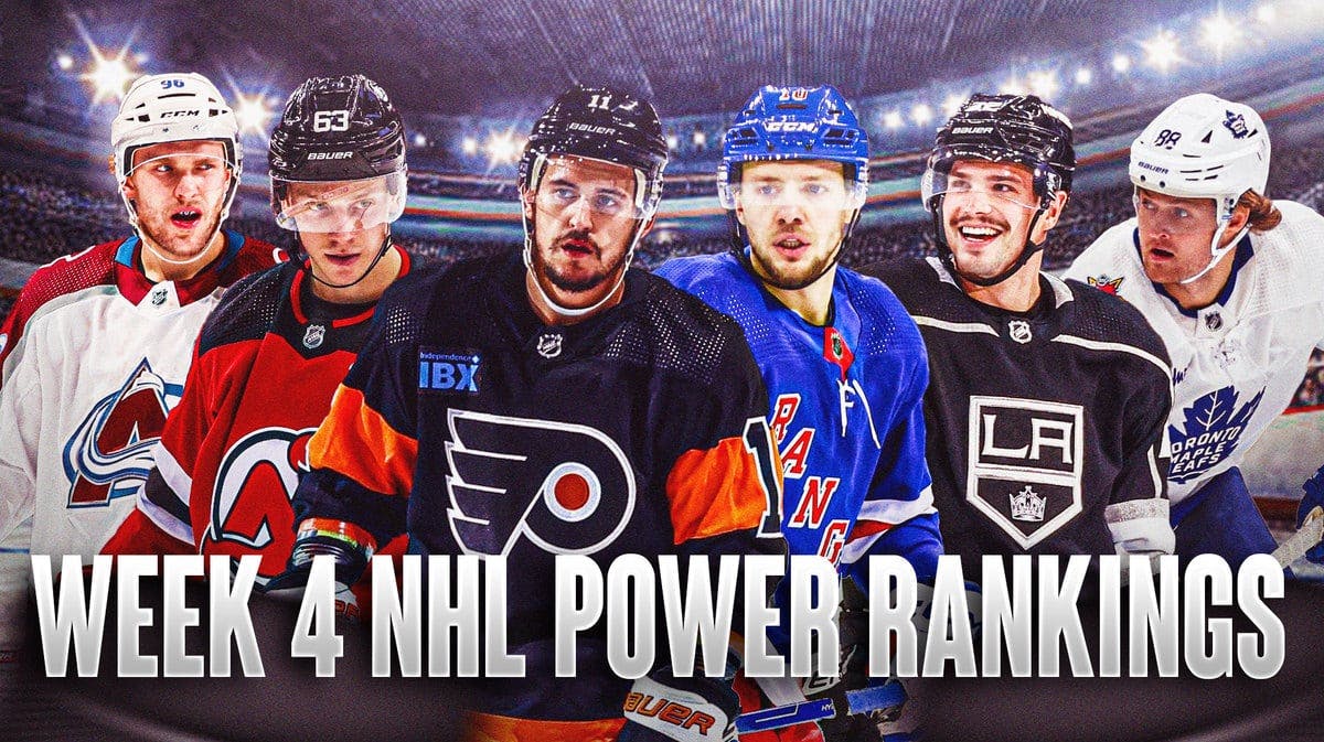 Week 4 NHL Power Rankings text, with Artemi Panarin, Jesper Bratt, William Nylander, Mikko Rantanen, Kevin Fiala and Travis Konecny in image, hockey rink in background