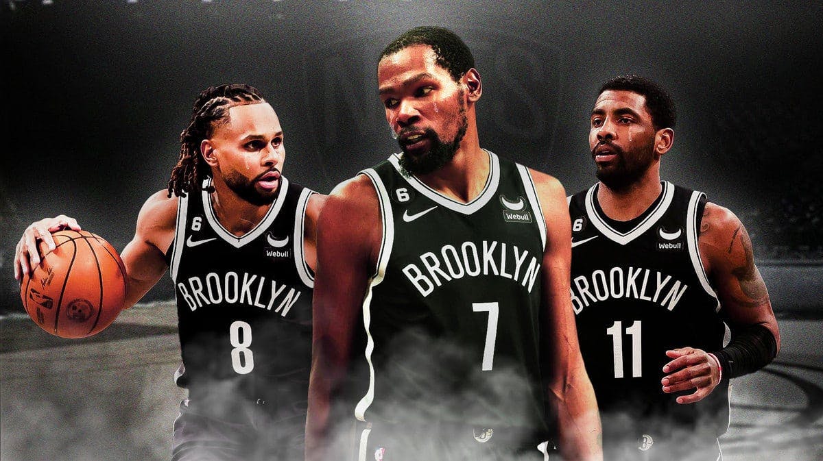 Patty Mills, Kevin Durant and Kyrie Irving in Nets jerseys with tears