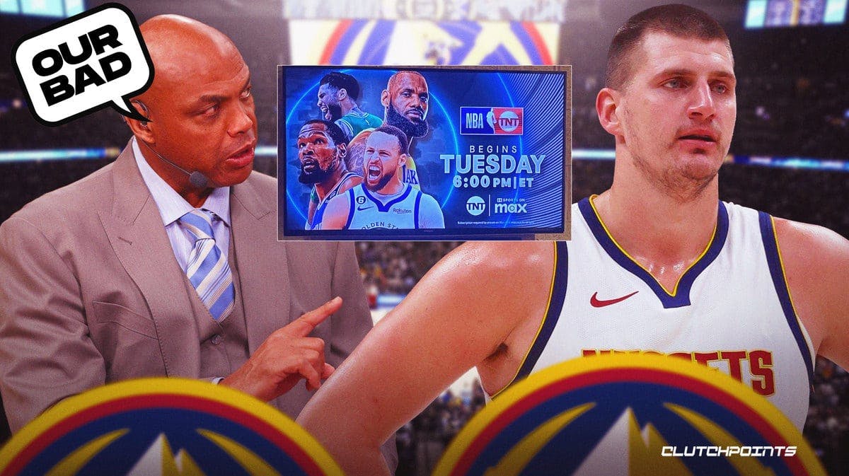 TNT graphic excluding Nuggets' Nikola Jokic on the left (see above), with Nikola Jokic looking angry in the middle and Charles Barkley with the speech bubble: “OUR BAD” on the right