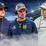 Former Oklhoma football HC Bob Stoops looking at Michigan coaches Jim Harbaugh and Connor Stallions amid sign-stealing scandal.