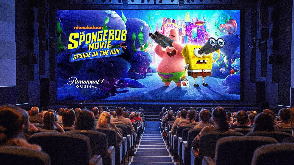 SpongeBob SquarePants movie on a theater screen.