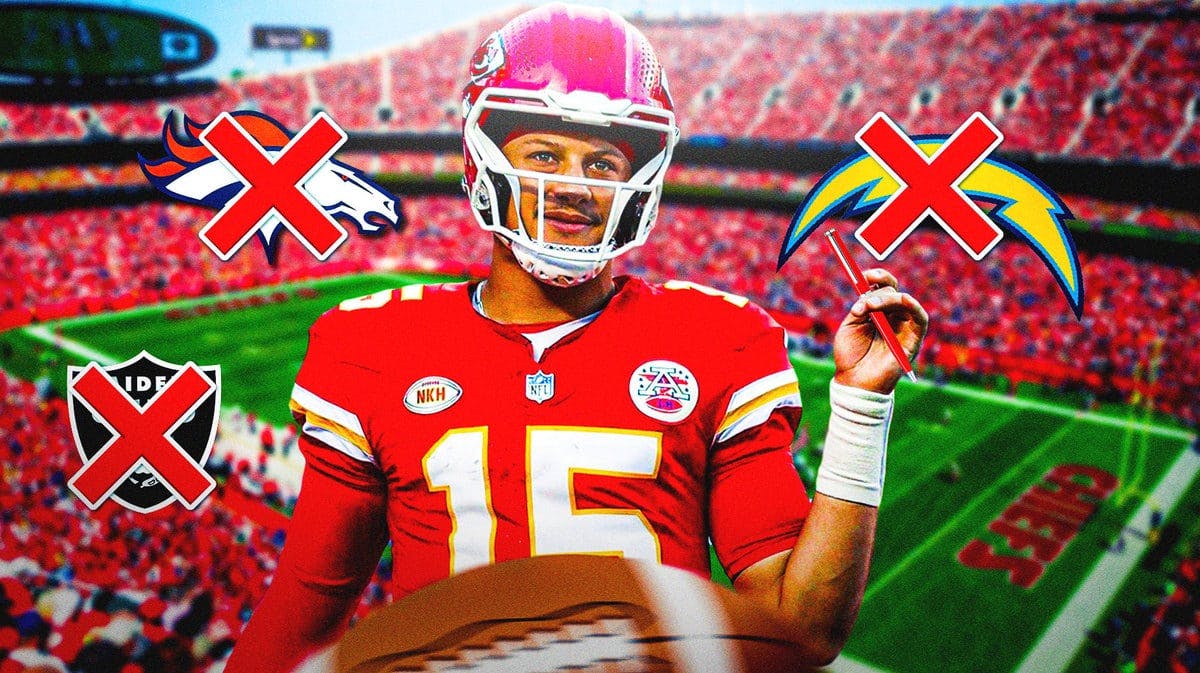 Chiefs QB Patrick Mahomes holding a red pen, crossing off his AFC West opponents