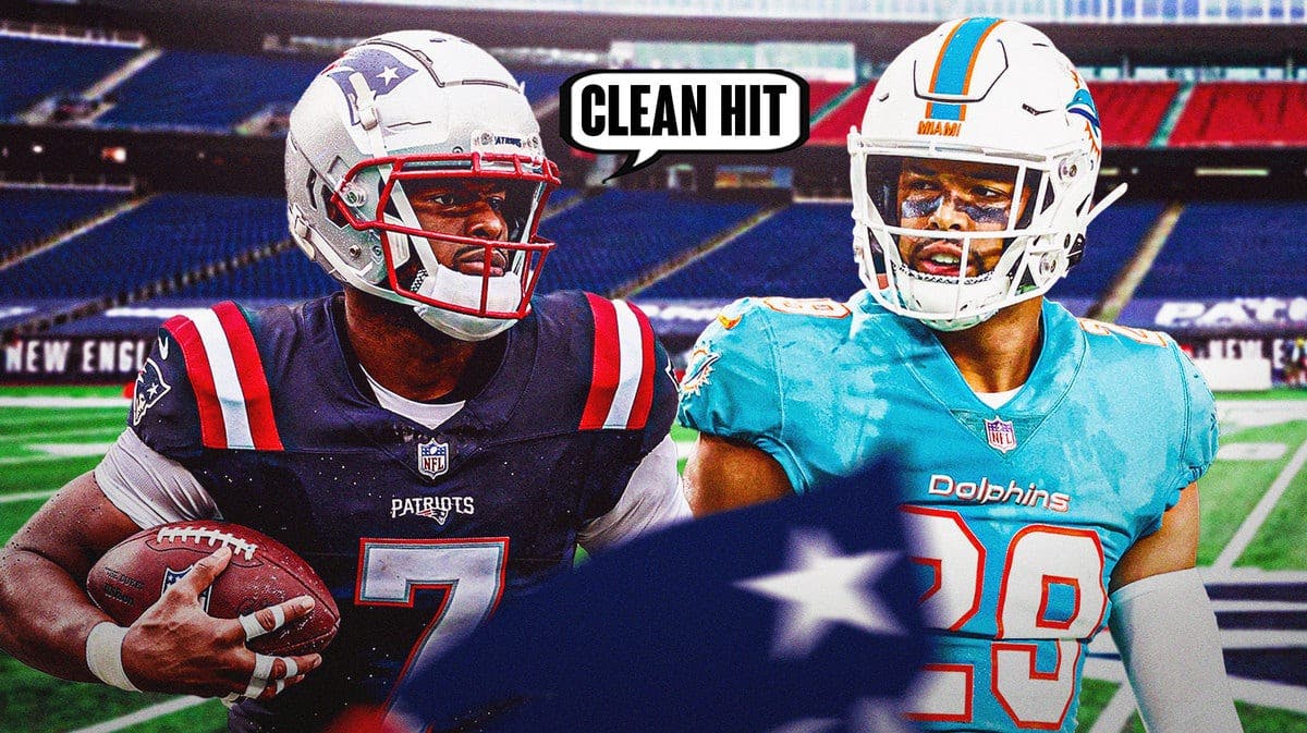 Patriots' JuJu Smith-Schuster with quote bubble saying “Clean hit” next to Dolphins defensive back Brandon Jones
