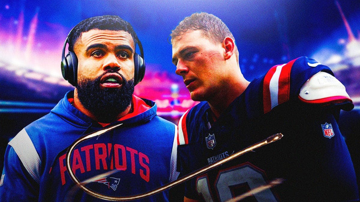 Patriots players Ezekiel Elliott and Mac Jones stand together before the NFL trade deadline, AFC East