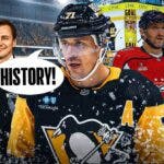 The Pittsburgh Penguins' Evgeni Malkin shouting "history!" He's between Sergei Fedorov and Alex Ovechkin.
