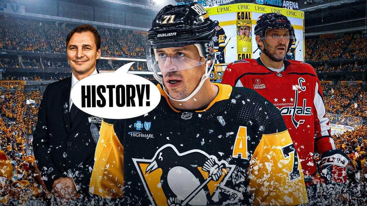 The Pittsburgh Penguins' Evgeni Malkin shouting "history!" He's between Sergei Fedorov and Alex Ovechkin.