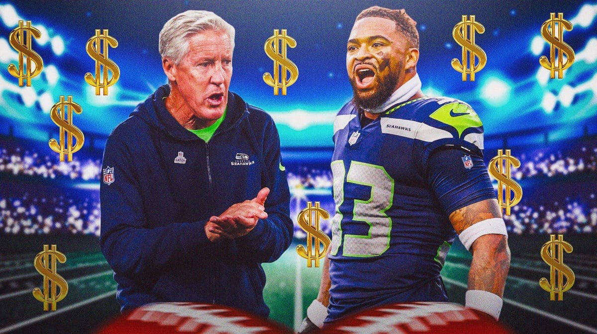 Pete Carroll and Jamal Adams surrounded by dollar signs