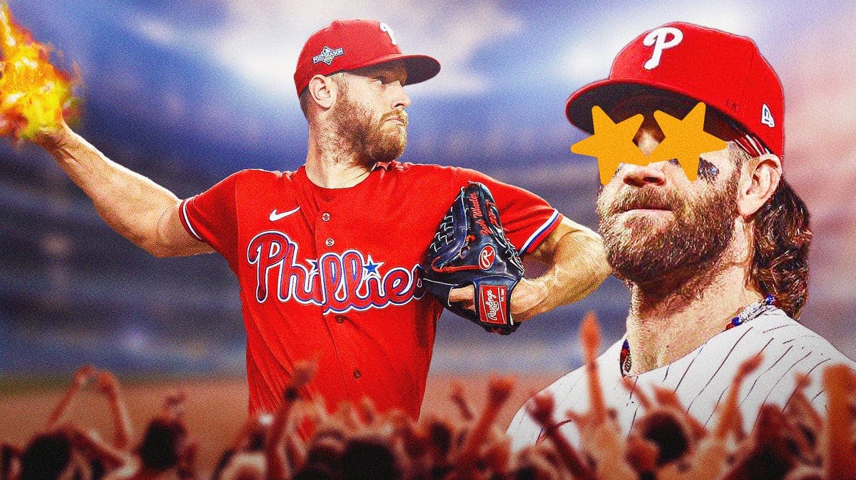 Phillies pitcher Zack Wheeler throwing a ball on fire next to Bryce Harper with stars covering his eyes