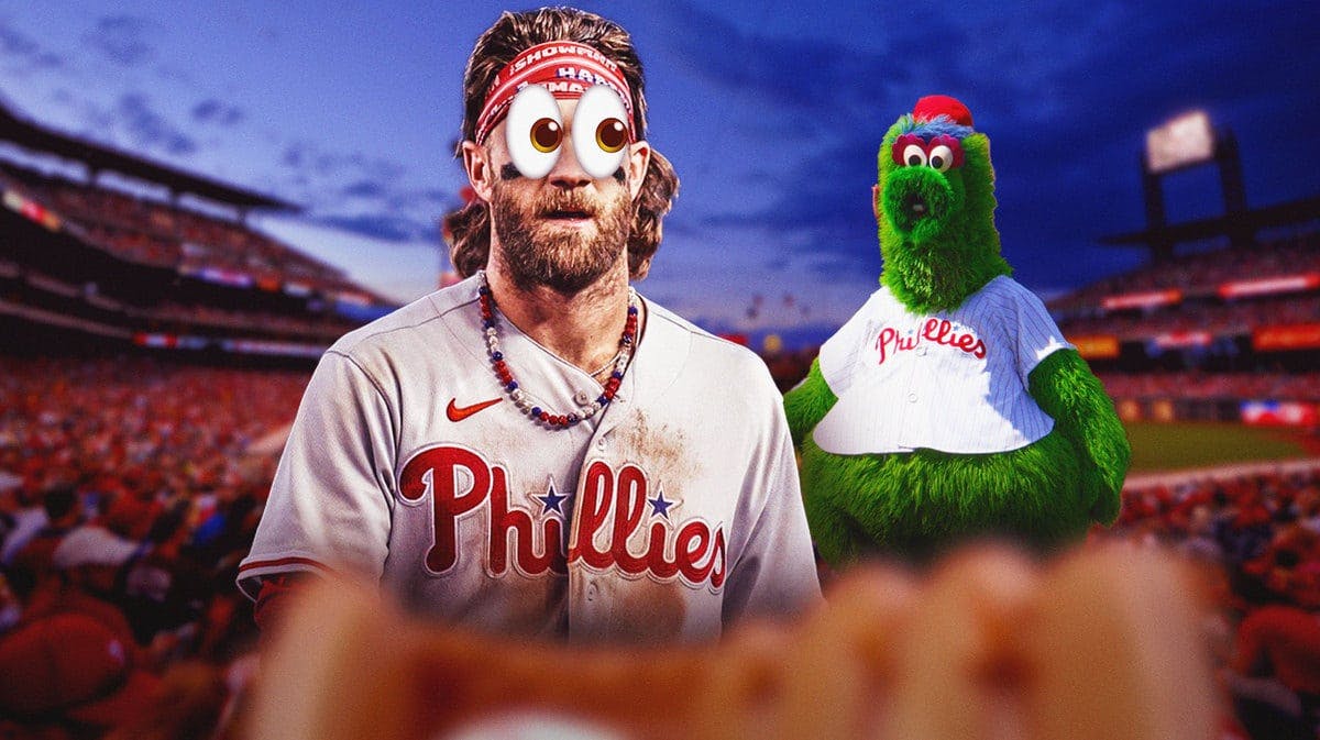The Phillies' mascot (Philly Phanatic) with Bryce Harper.