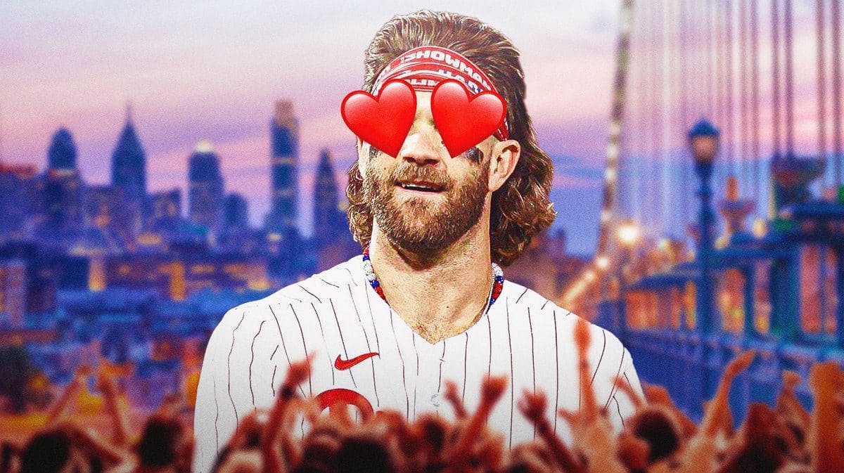 Bryce Harper with hearts in his eyes in the foreground in his Phillies uniform, with the city of Philadelphia in the background, as if Bryce Harper is “in love” with Philadelphia and the Phillies