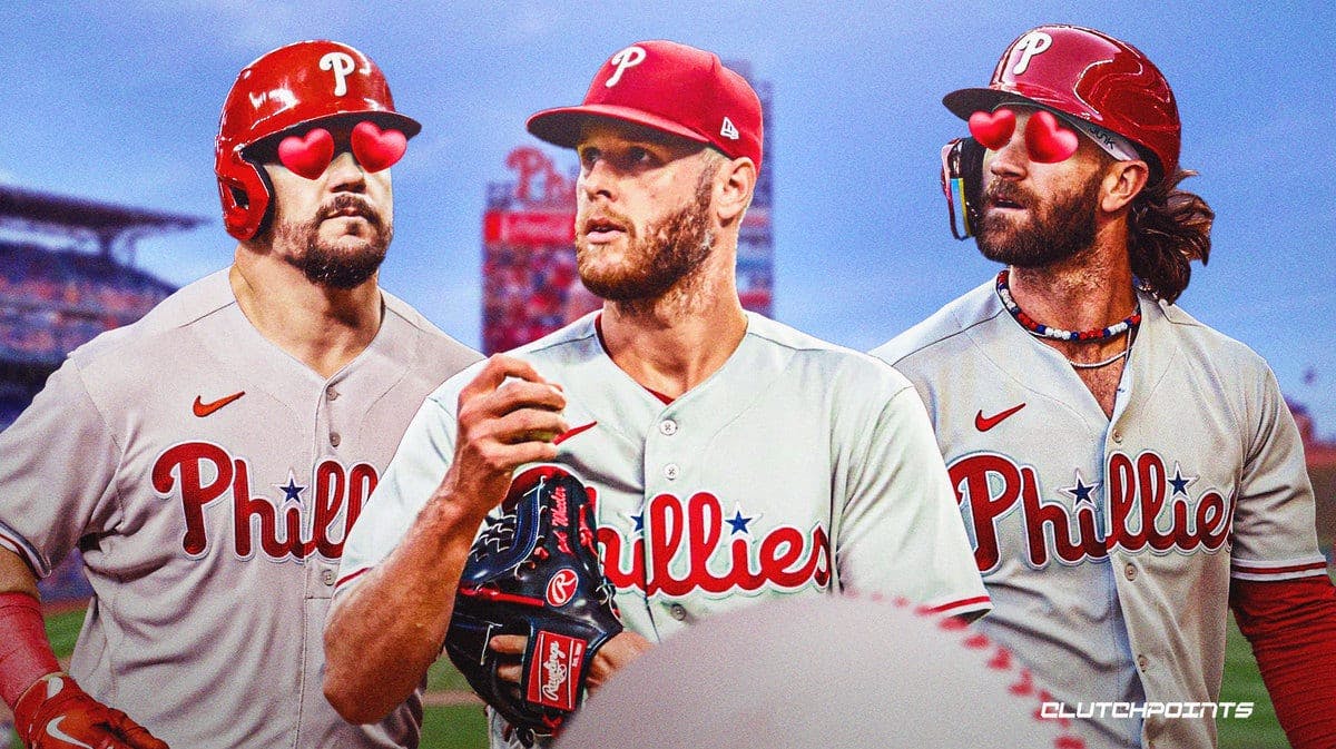 Phillies' Zack Wheeler with arms up. Kyle Schwarber, Bryce Harper with heart eyes.