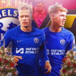 Mihajlo Mudrik, Cole Palmer in front of a Christmas tree and Christmas lights, the Chelsea and Wolverhampton logo in the sky Premier League