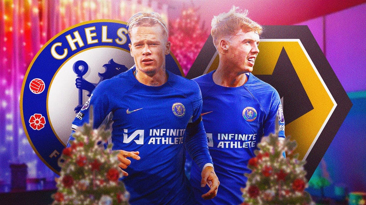 Mihajlo Mudrik, Cole Palmer in front of a Christmas tree and Christmas lights, the Chelsea and Wolverhampton logo in the sky Premier League