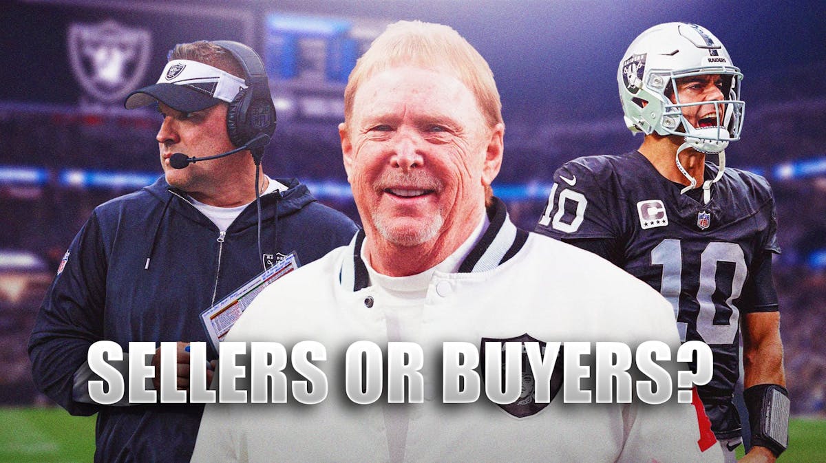 Raiders coach Josh McDaniel, owner Mark Davis and quarterback Jimmy Garoppolo standing behind a caption that reads "sellers or buyers?"