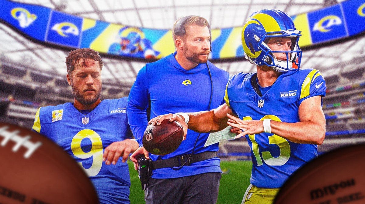 Rams' Stetson Bennett throwing a football. Rams' Sean McVay looking serious. Rams' Matthew Stafford sitting down on an NFL sideline looking serious.