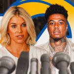 Kelly Stafford and rapper Blueface. Rams logo in the background.