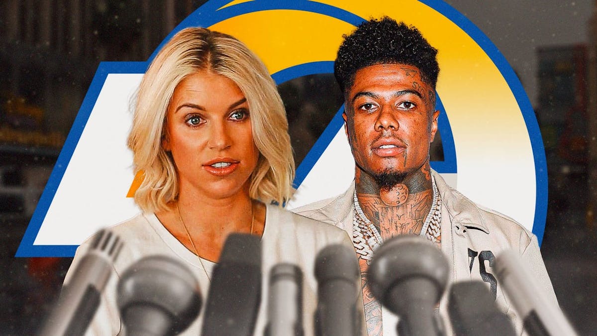 Kelly Stafford and rapper Blueface. Rams logo in the background.