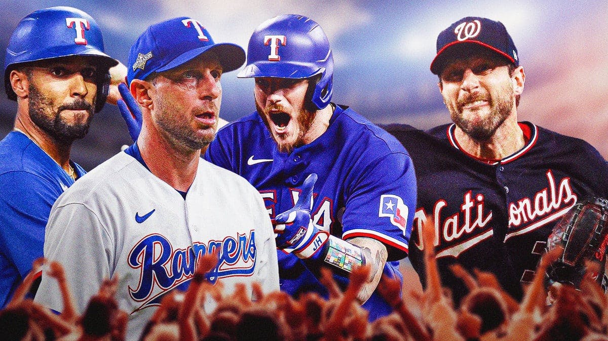 Rangers' Max Scherzer, Jonah Heim, and Marcus Semien all hyped up, with a pic of Scherzer pitching in Game 7 of the 2019 World Series for the Nationals
