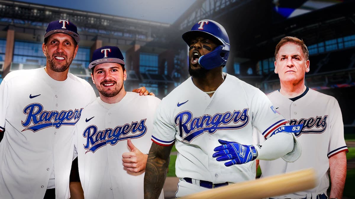 Rangers' Adolis Garcia hyped up in the middle, with a pic of Mavs' Dirk Nowitzki and Luka Doncic wearing Rangers unis on the left and Mark Cuban in a Rangers uni on the right