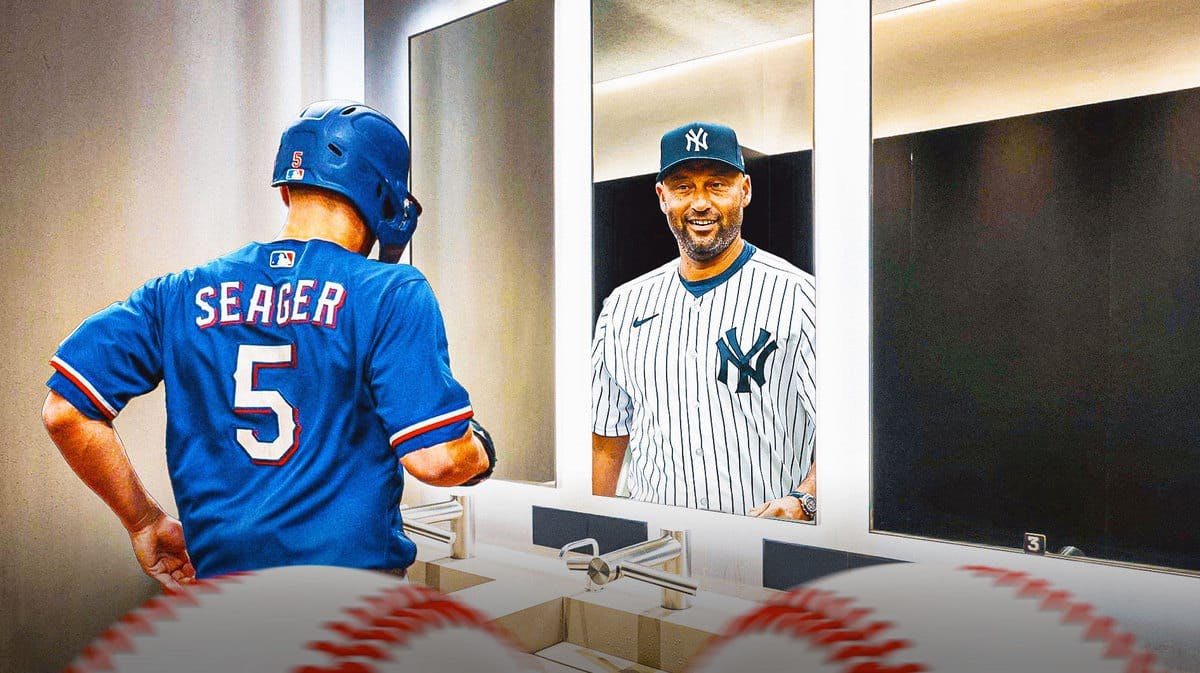 Corey Seager of the Rangers looking at the mirro with Derek Jeter of the Yankees' reflection