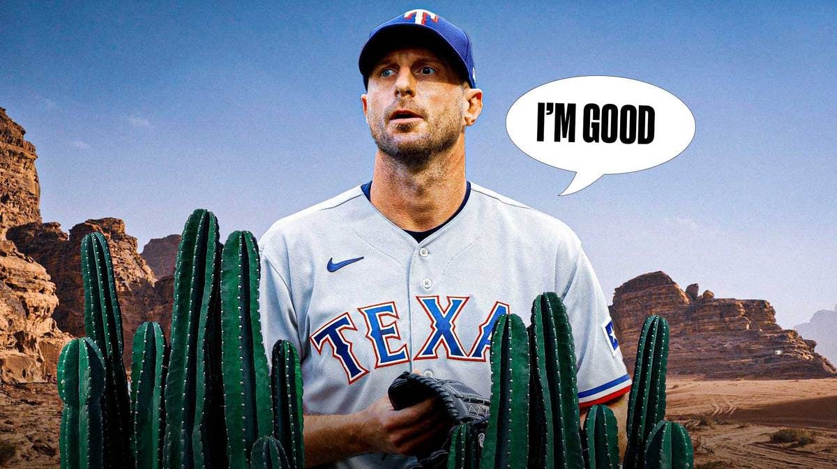 Max Scherzer in a Texas Rangers jersey with a caption bubble saying “I’m good”