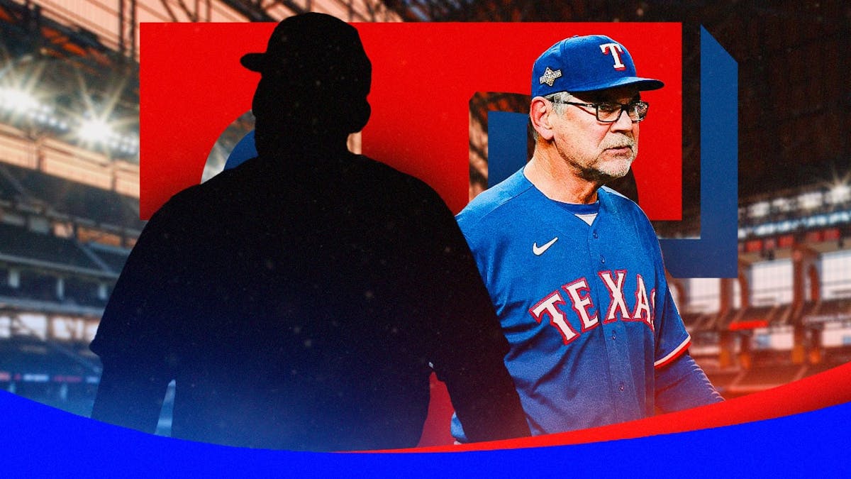 Silhouette of Texas Rangers pitcher Nathan Eovaldi and Rangers manager Bruce Bochy.