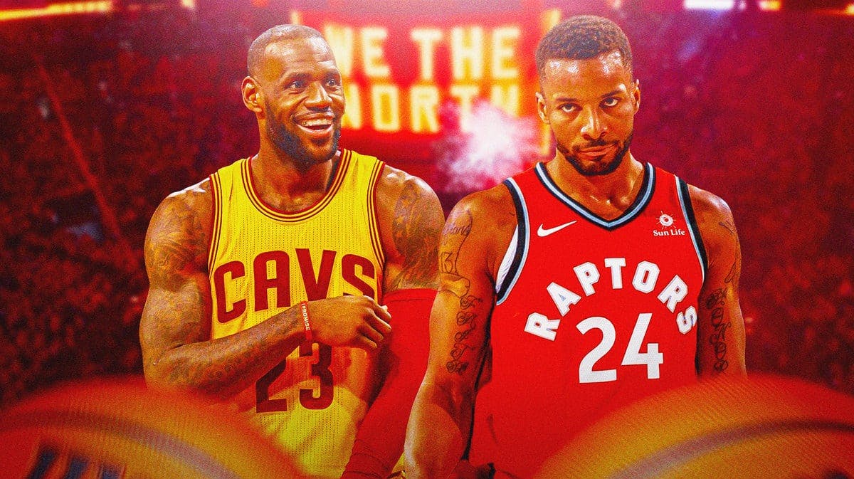 Norman Powell stands next to Lebron James as Paul George asks why the Raptors could not overcome the Cavs.